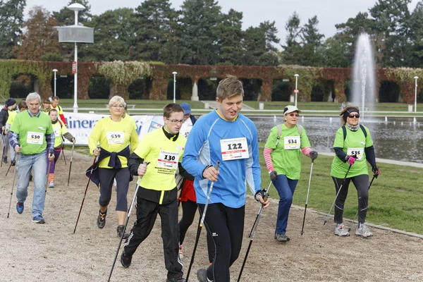 WROCLAW, POLÓNIA - OUTUBRO 15, 2017: Pessoas em curso de fitness competição de caminhada nórdica no parque da cidade — Fotografia de Stock