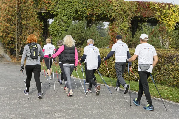 브로츠와프, 폴란드-10 월 15 일, 2017: 피트 니스에서 사람들이 북유럽 경쟁 도시 공원에서 산책 코스 — 스톡 사진
