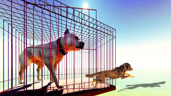 Выход собак из клетки 3D рендеринг
