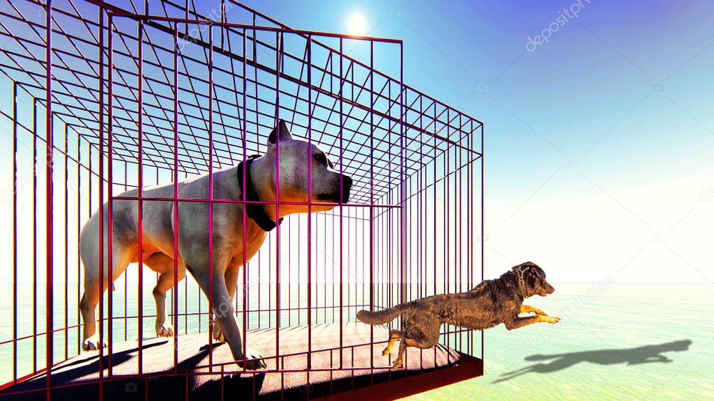 dogs getting out of cage 3D rendering