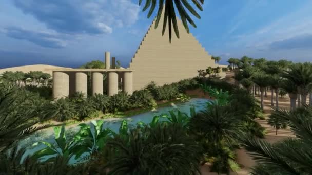 金字塔在撒哈拉绿洲3D渲染 — 图库视频影像