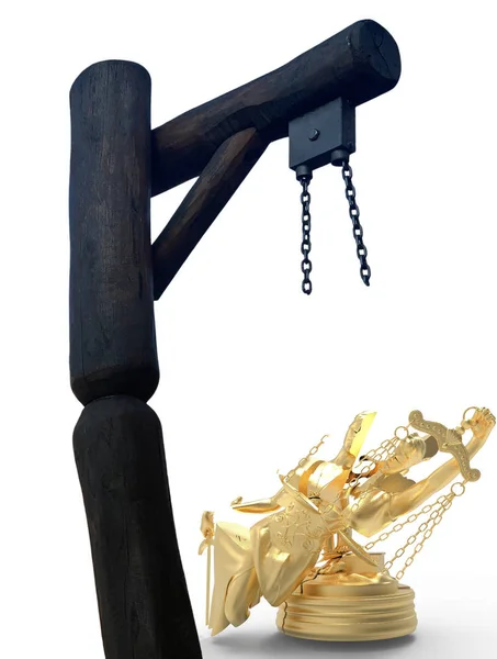 Corrupted goddess of law and justice below the gallows 3D rendering — Stock Photo, Image