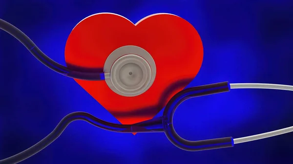 Orvosi sztetoszkóp és vörös szív 3d renderelés — Stock Fotó