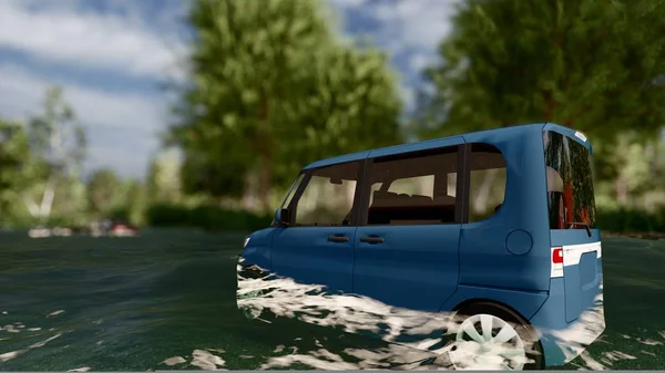 Carros dirigindo em uma estrada inundada durante uma inundação causada pela chuva pesada 3d renderização — Fotografia de Stock