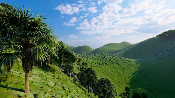 日本冲绳丛林山丘3D渲染 — 图库照片