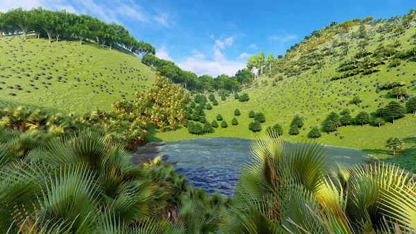 Okinawa 'daki orman tepeleri, Japonya 3D görüntüleme — Stok fotoğraf