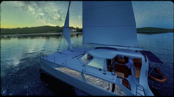 Zonsopgang in het Caribisch gebied met catamaran voor weergave 3D-rendering — Stockfoto