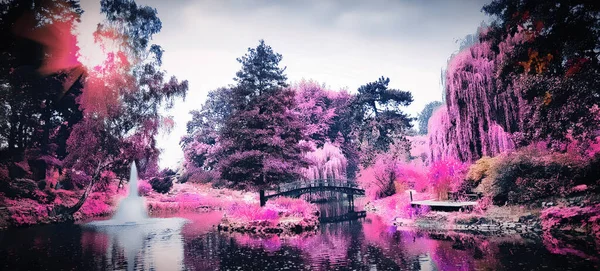 Infrared panoramic view of public garden at sunset — Stock Photo, Image