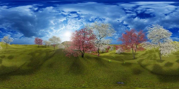 La floración de los árboles de cornejo en huerto en primavera 3d renderizado — Foto de Stock