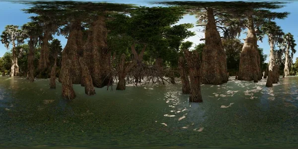 Kísérteties kopasz ciprusok a mocsárban 3d renderelés 360 panoráma — Stock Fotó