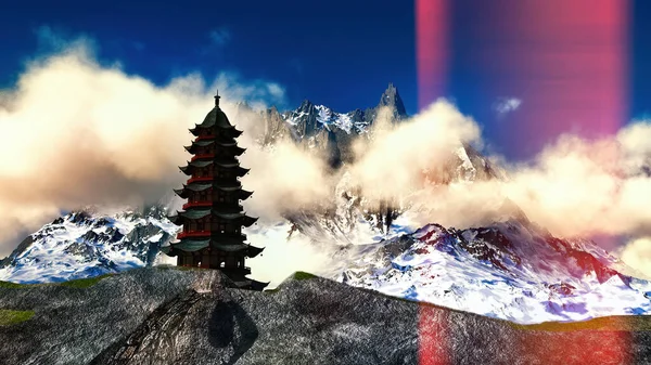 Temple solaire - Sanctuaire bouddhiste dans l'Himalaya rendu 3d — Photo