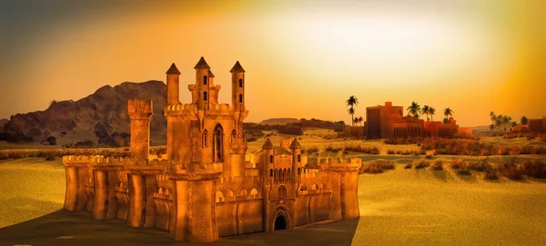 Arabskie miasteczko na pustyni, renderowanie 3d — Zdjęcie stockowe