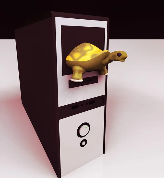 Sköldpadda och långsam dator med tangentbord, långsam internet 3D-rendering — Stockfoto