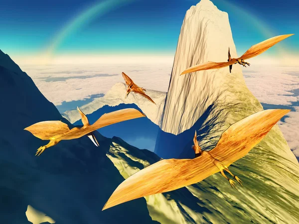 Flygande pterodaktyl mot vulkaniska krabbor 3d illustration — Stockfoto