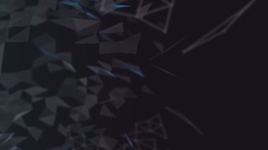 Kaotik düşük Poli parçacıkların soyut 3d render. Boş alanda çokgen küreler uçup. Bokeh etkisi ile fütüristik arka plan. Afiş tasarımı.