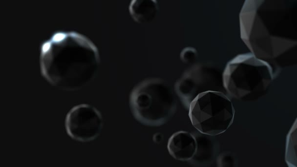Abstrakte 3D-Darstellung chaotischer Low-Poly-Partikel. fliegende polygonale Kugeln im leeren Raum. futuristischer Hintergrund mit Bokeh-Effekt. Plakatgestaltung. — Stockvideo