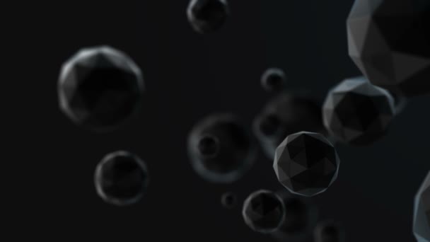 Abstracte 3d rendering van chaotische laag poly deeltjes. Vliegende veelhoekige bollen in de lege ruimte. Futuristische achtergrond met bokeh effect. Posterontwerp. — Stockvideo