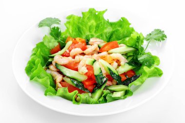 Karides, salatalık, domates, sarımsak, karides ile sebze salatası 