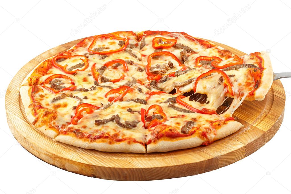 Acute Pizza California, mozzarella, beef, onion, sweet pepper, Tabasco 