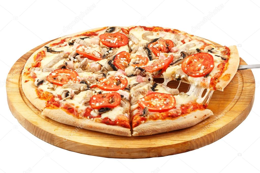 Pizza, mozzarella, pork, onion, bacon, mushrooms, parsley, tomato, garlic 