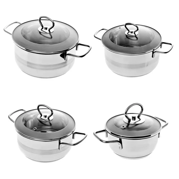 Metal pans, crockery, isolated white background — Stock Photo, Image