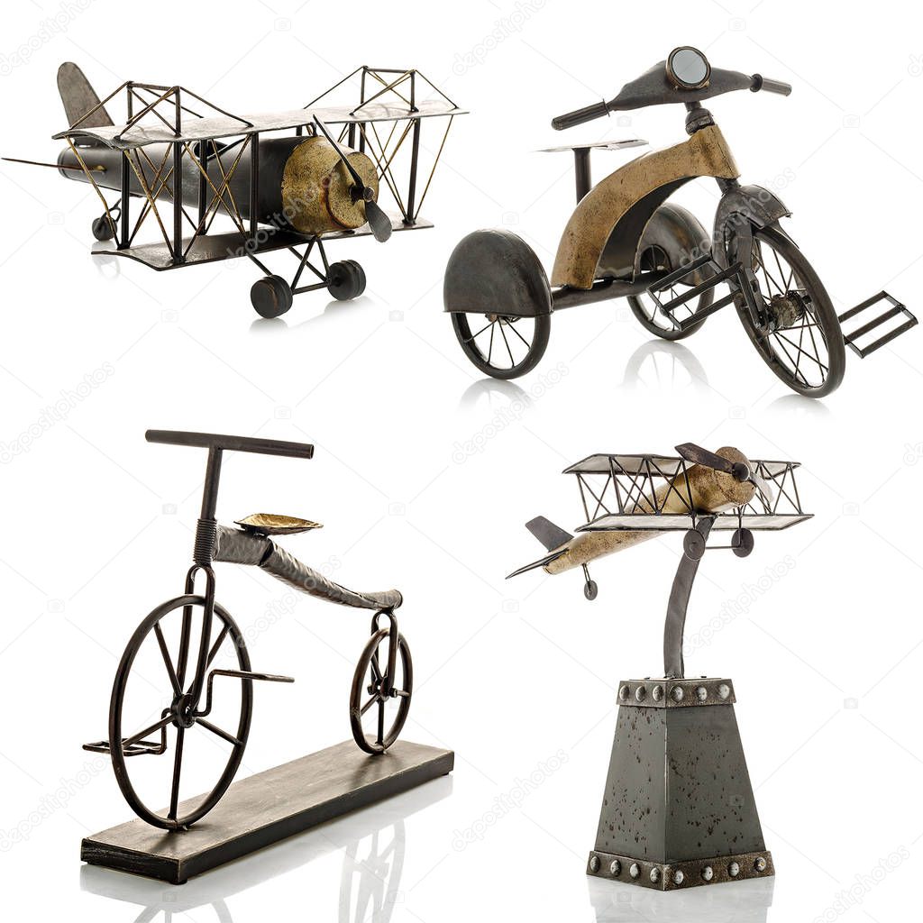 Decorative figurines, statuette of a bicycle and an airplane, accessories