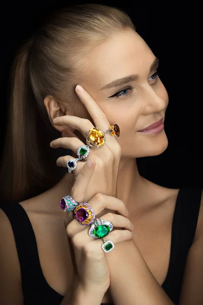Close-up portrait of a woman and jewelry — Stock Photo, Image