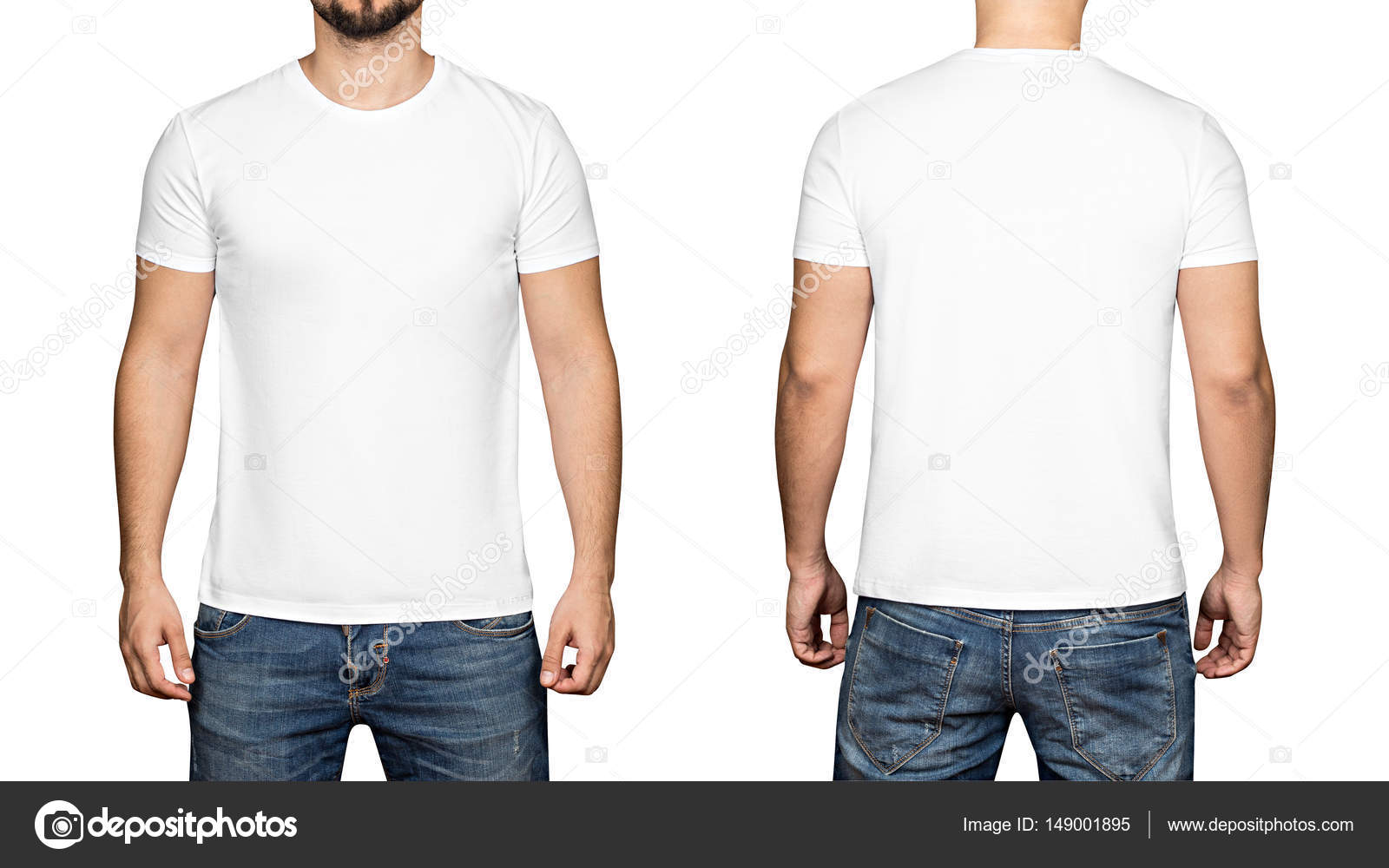 T-shirt branca em um jovem fundo branco, frente e verso fotos, imagens de ©  Ra33 #149001895