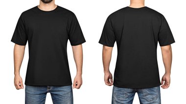 siyah t-shirt üzerine bir genç adam beyaz arka plan, ön ve arka