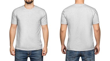 Bir genç adam beyaz arka plan, ön ve arka gri t-shirt