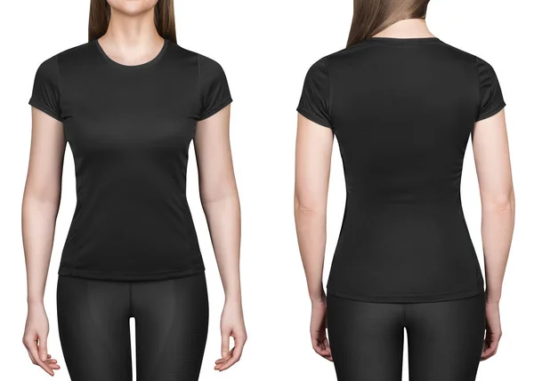 Jonge vrouw in zwarte polo shirt witte achtergrond — Stockfoto