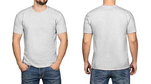 Graues T-Shirt auf weißem Hintergrund eines jungen Mannes, vorne und hinten — Stockfoto