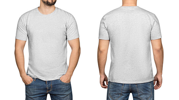 Gray t-shirt on a young man white background, front and back