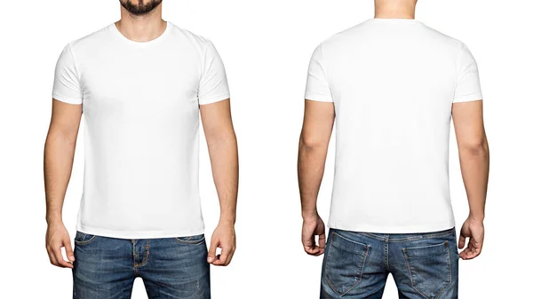 T-shirt branca em um jovem fundo branco, frente e verso — Fotografia de Stock