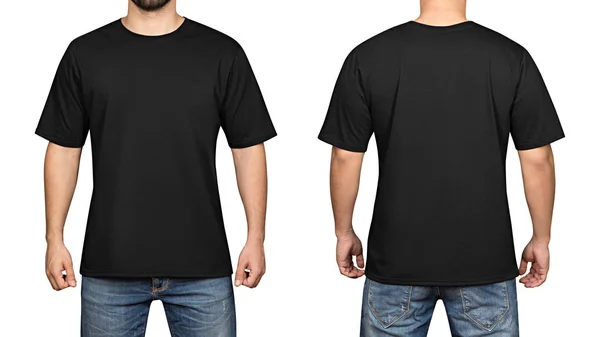 Schwarzes T-Shirt auf weißem Hintergrund eines jungen Mannes, vorne und hinten — Stockfoto