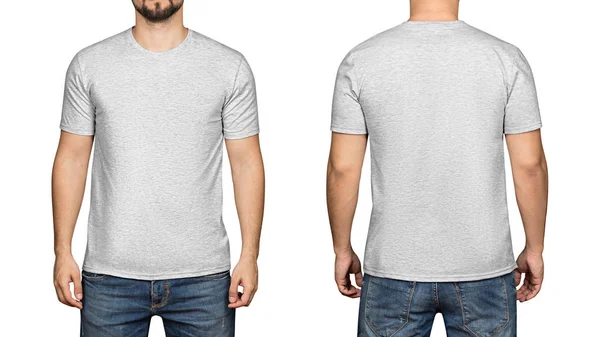 Gray t-shirt on a young man white background, front and back — Stock Photo, Image