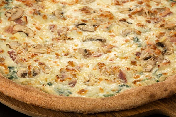 Pizza alla fiorentina, mozzarella, pollo, salmone, salsa alla fiorentina, funghi — Foto Stock