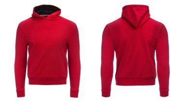 Beyaz arka plan üzerinde izole kırmızı kapüşonlu sweatshirt mockup,
