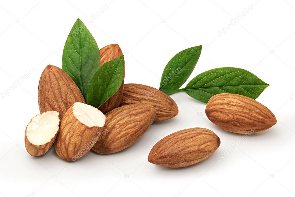tasty almonds nuts closeup and green leaves, isolated on white background
