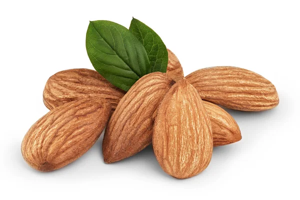 Tasty almonds nuts close-up and green leaves, isolated on white background — Stock Photo, Image