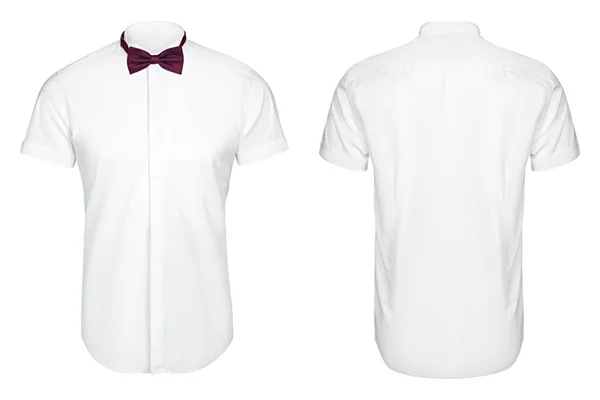 Camisa branca mangas curtas e borboleta, fundo branco — Fotografia de Stock