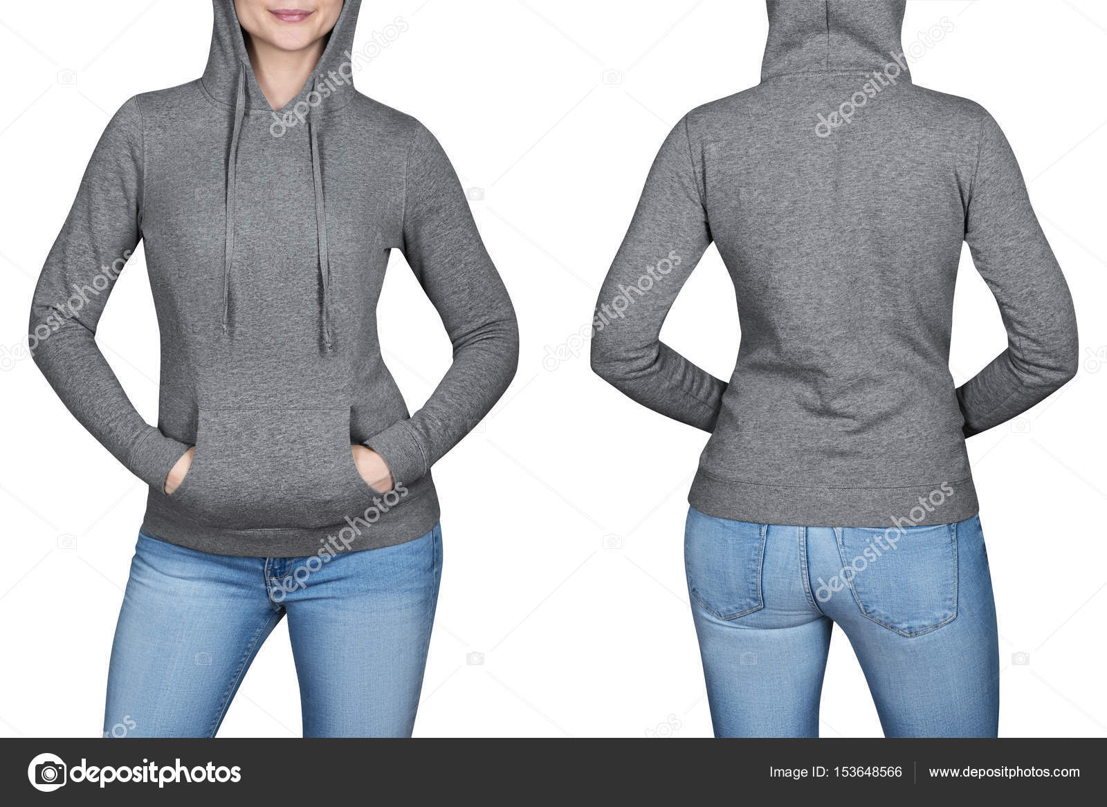 Young girl in gray sweatshirt, hoodies. white background Stock Photo by