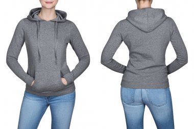 gri sweatshirt hoodies genç kız. Beyaz arka plan