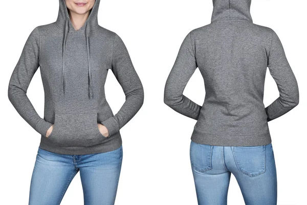 Jong meisje in grijze sweater, hoodies. witte achtergrond — Stockfoto