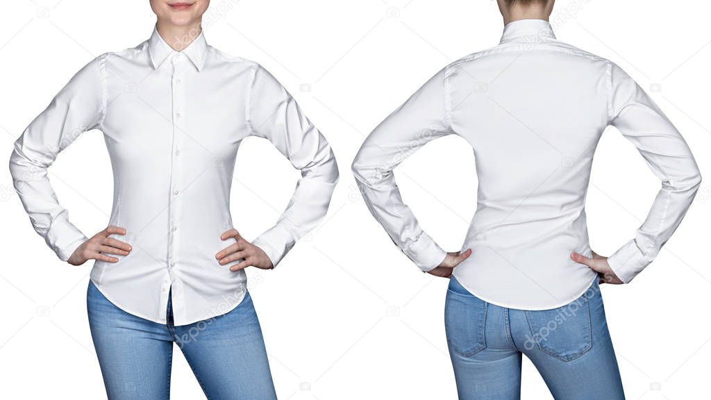 Girl in white blouse, on white background