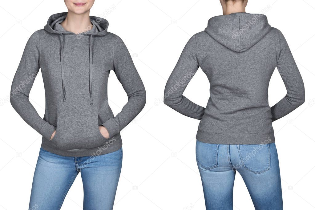 young girl in gray sweatshirt, hoodies. white background