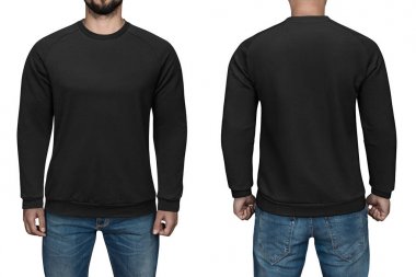 boş siyah kazak, ön ve arkadan görünüm, erkeklerde izole beyaz arka plan. Kazak, şablon ve baskı için mockup tasarım.