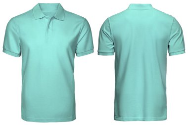 boş turkuaz polo gömlek, ön ve arka görünüm, izole beyaz arka plan. Polo gömlek, şablon ve baskı için mockup tasarım.