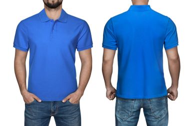 boş mavi polo gömlek, ön ve arkadan görünüm, erkeklerde izole beyaz arka plan. Polo gömlek, şablon ve baskı için mockup tasarım.