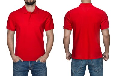 boş kırmızı polo gömlek, ön ve arkadan görünüm, erkeklerde izole beyaz arka plan. Polo gömlek, şablon ve baskı için mockup tasarım.